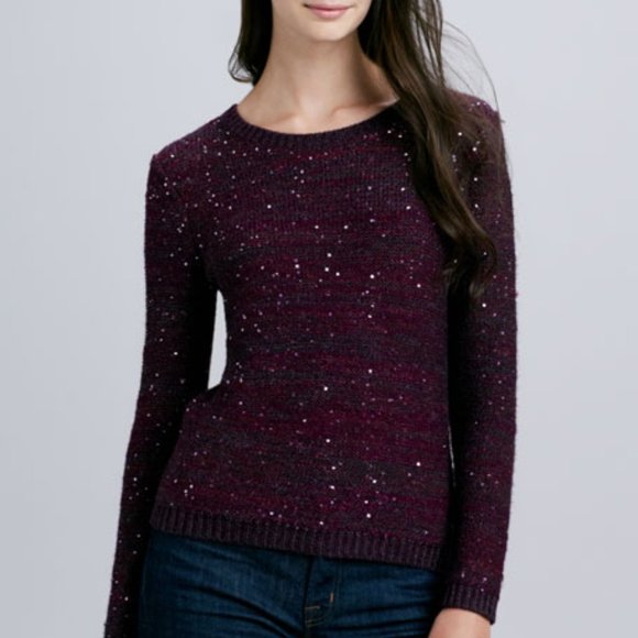 Alice + Olivia Macy Sequined Stripe Knit Sweater, Size L Plum Wine - Picture 9 of 10